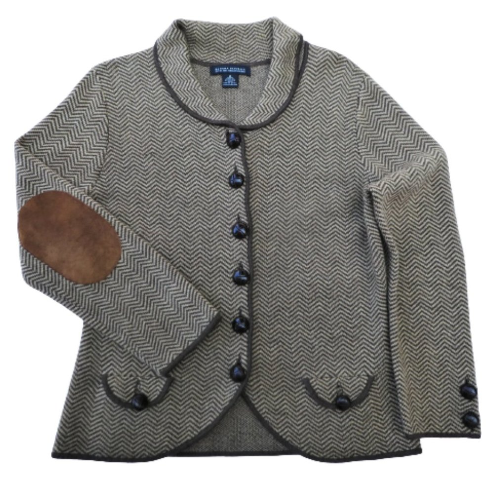 Vintage Merino Chevron Knit Sweater Blazer Brown Beige Knit Buttons Suede Patch